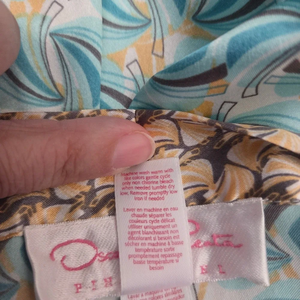 Oscar de‎ la Renta Pink Label Satin Robe S Turquoise Gold Fan Print Kimono Wrap